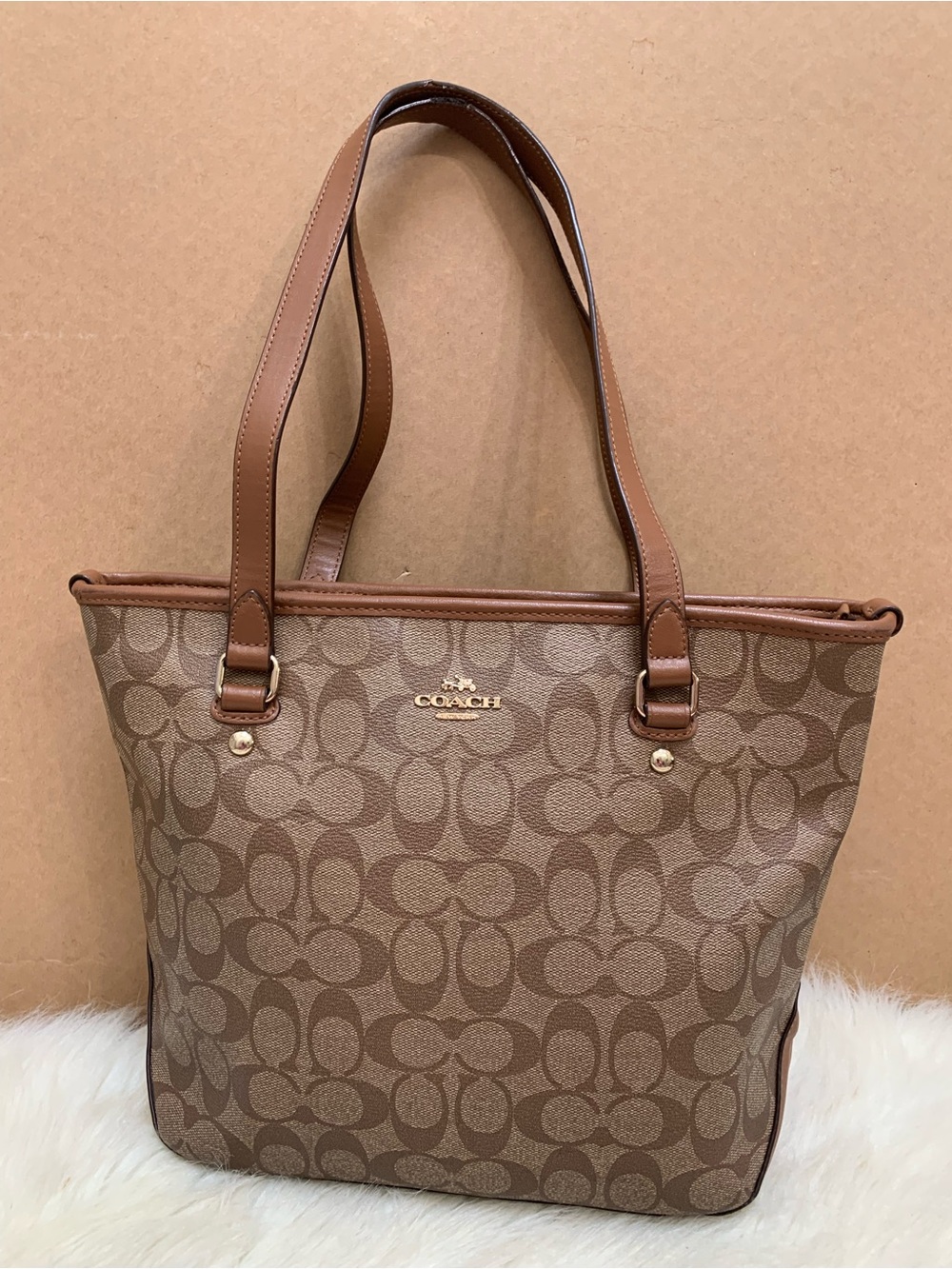 COACH Acorn Brown PVC Signature Canvas Zip Top Tote F58294